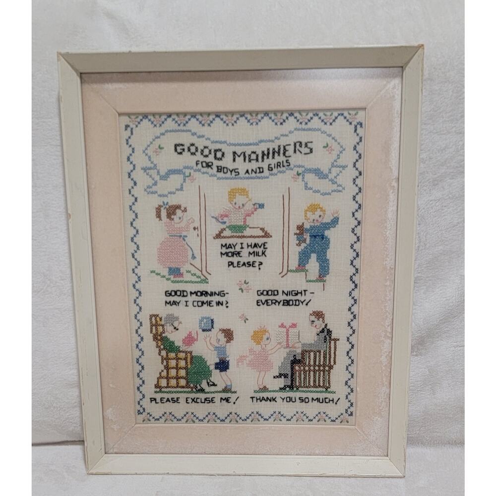 Vintage Embroidery Manners Sampler Framed Size 12x16